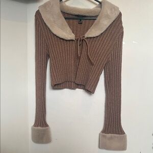 Forever 21 Ribbed Cropped Cardigan with Faux Fur Trim - Taupe